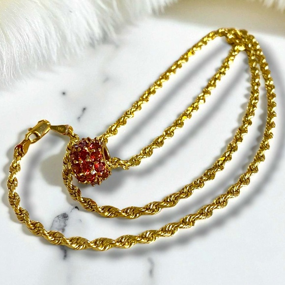 Vintage 14k Gold 4.5 CTW Garnet Ball Charm Pendant 24” Rope 3mm Chain Necklace! - Picture 12 of 16